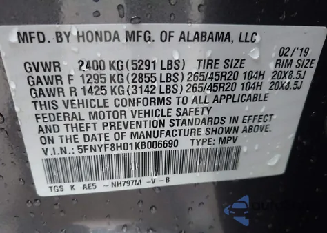 2019 Honda Passport Elite z USA, uszkodzony, nr VIN 5FNYF8H01KB006690